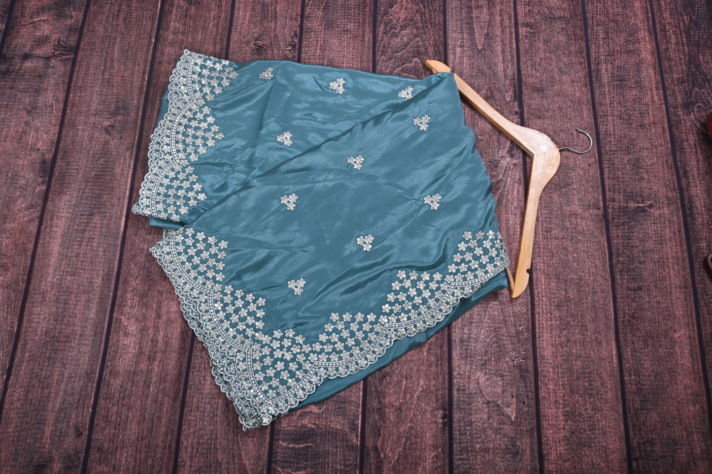 Premium Organza Embroidery Cutwork Border Saree with Sequins Work & Contrast Blouse | Designer Party Wear Saree