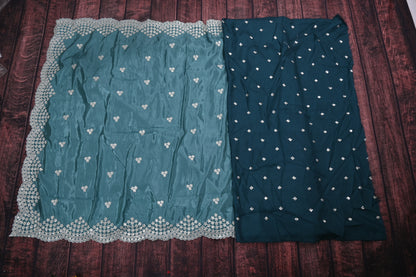 Premium Organza Embroidery Cutwork Border Saree with Sequins Work & Contrast Blouse | Designer Party Wear Saree