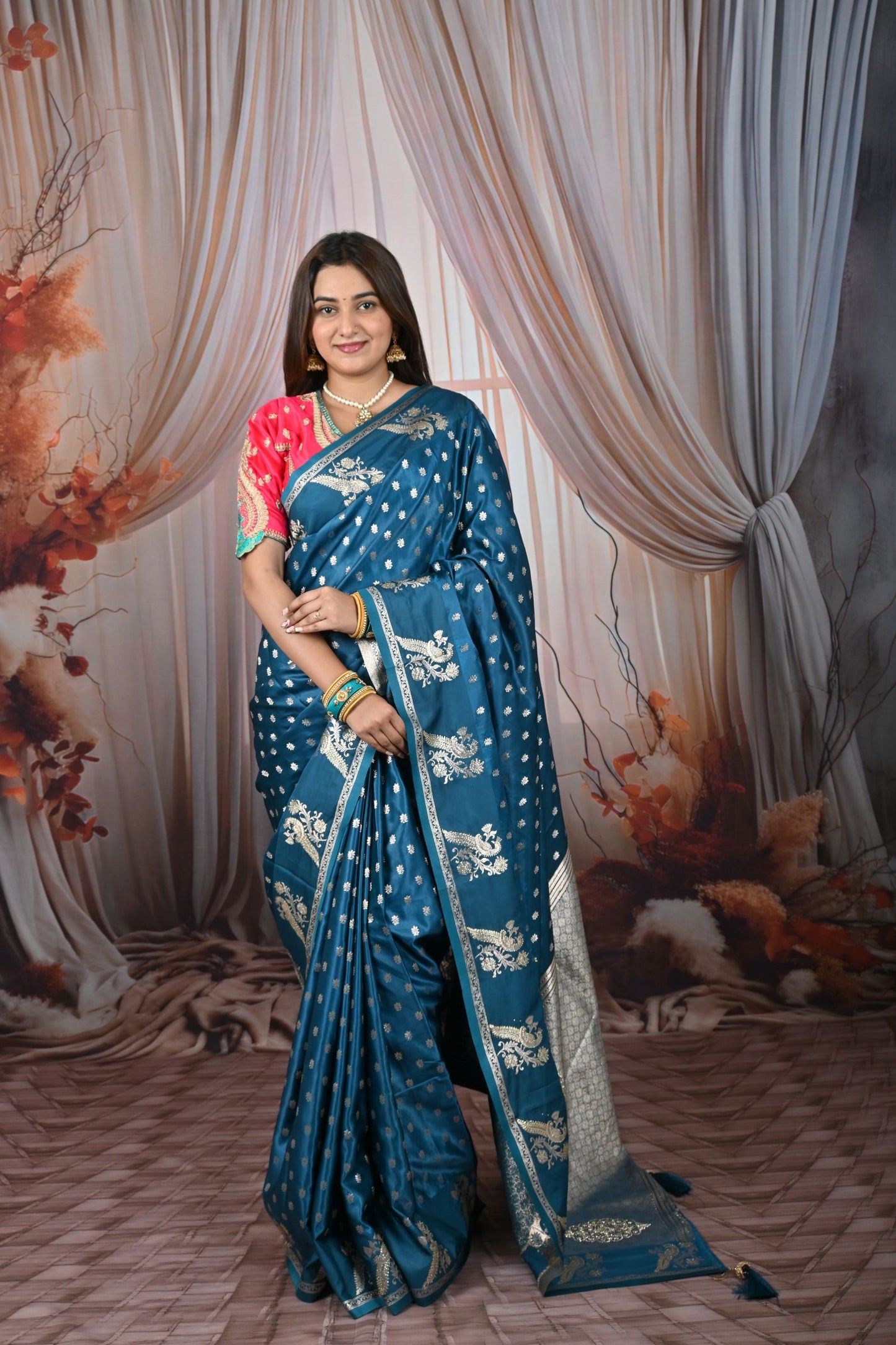 Double Blouse Premium Satin Silk Saree With Silver Zari & Sequins Woven Butti Work