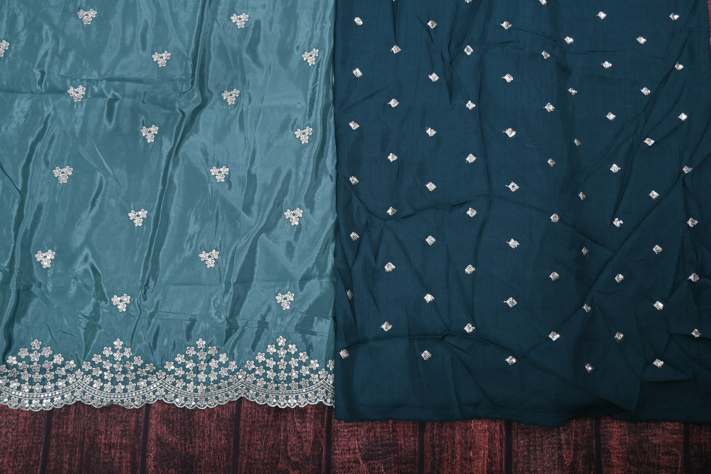 Premium Organza Embroidery Cutwork Border Saree with Sequins Work & Contrast Blouse | Designer Party Wear Saree