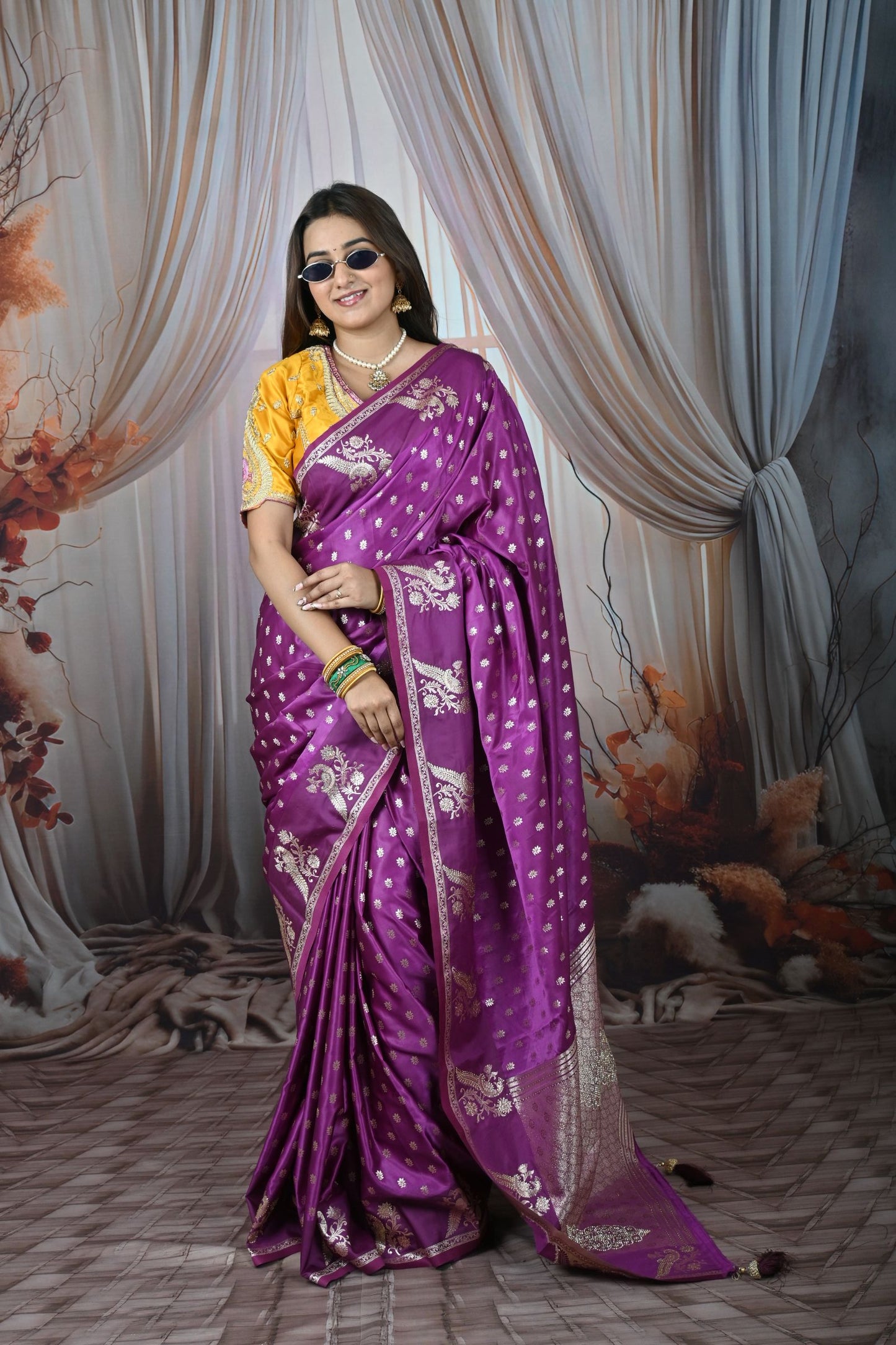 Double Blouse Premium Satin Silk Saree With Silver Zari & Sequins Woven Butti Work