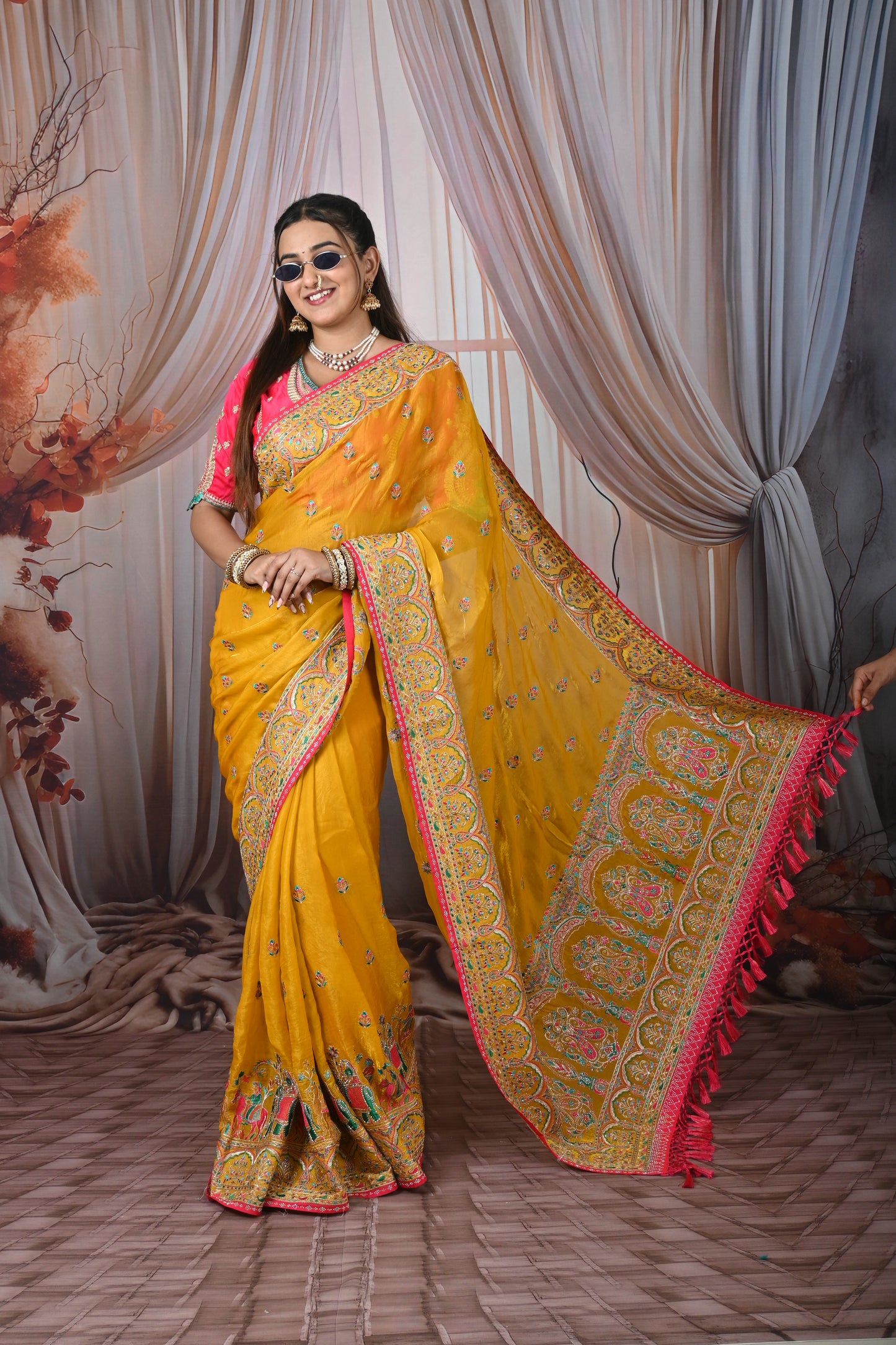 Rajwadi Soft Organza Silk Saree with Heavy Embroidery Border & Tassel Pallu for Women