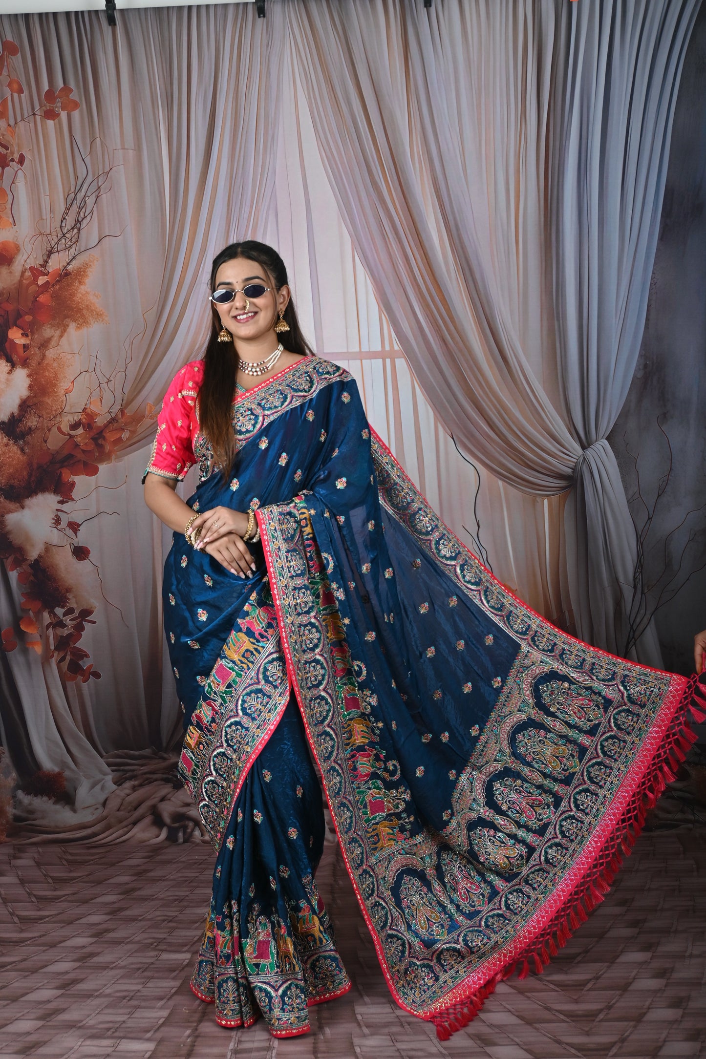 Rajwadi Soft Organza Silk Saree with Heavy Embroidery Border & Tassel Pallu for Women