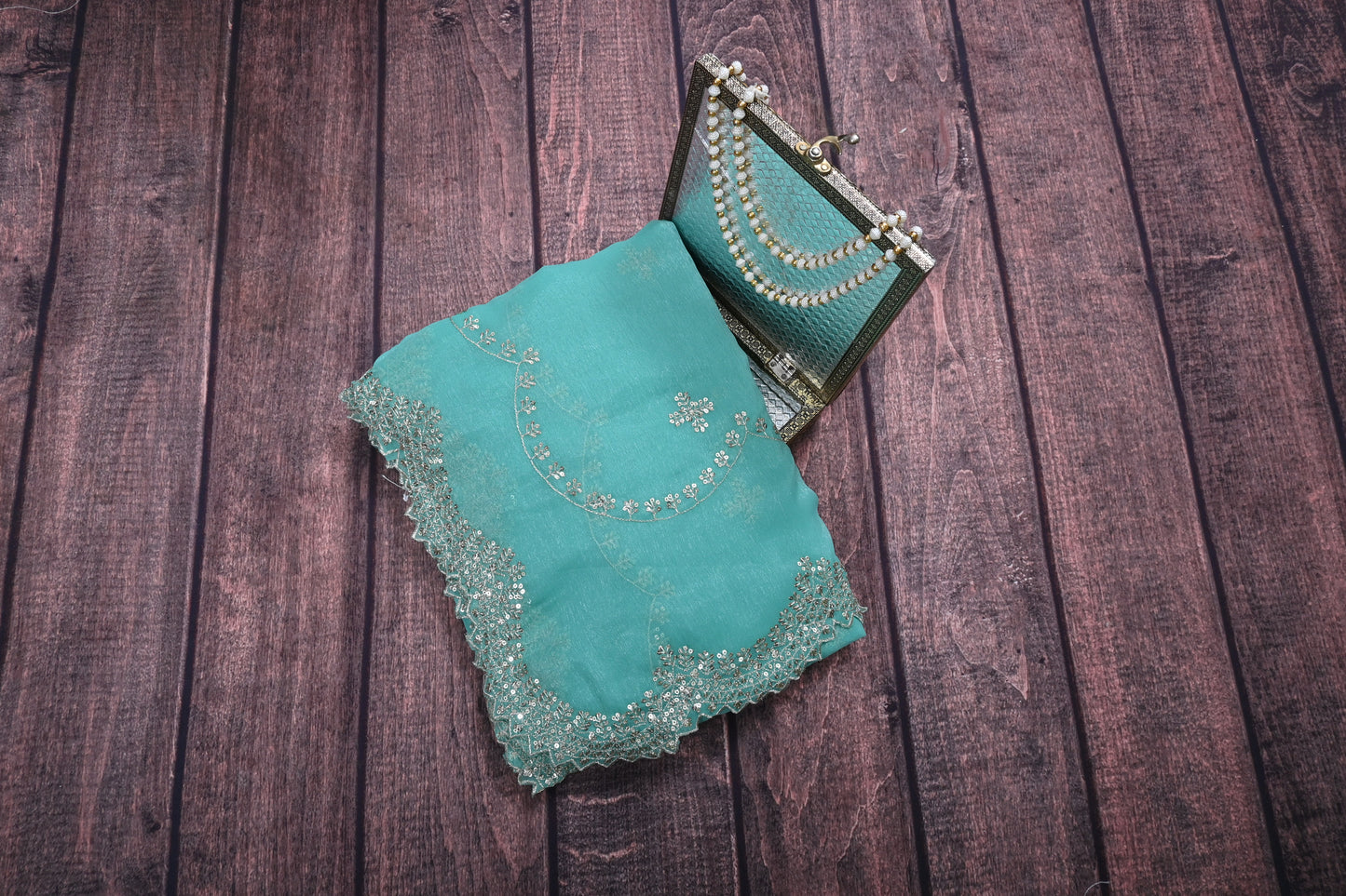 Designer Shimmer Chiffon Saree with Gotta Patti Work & Cut Work Border | Party Wear Saree with Regular Blouse