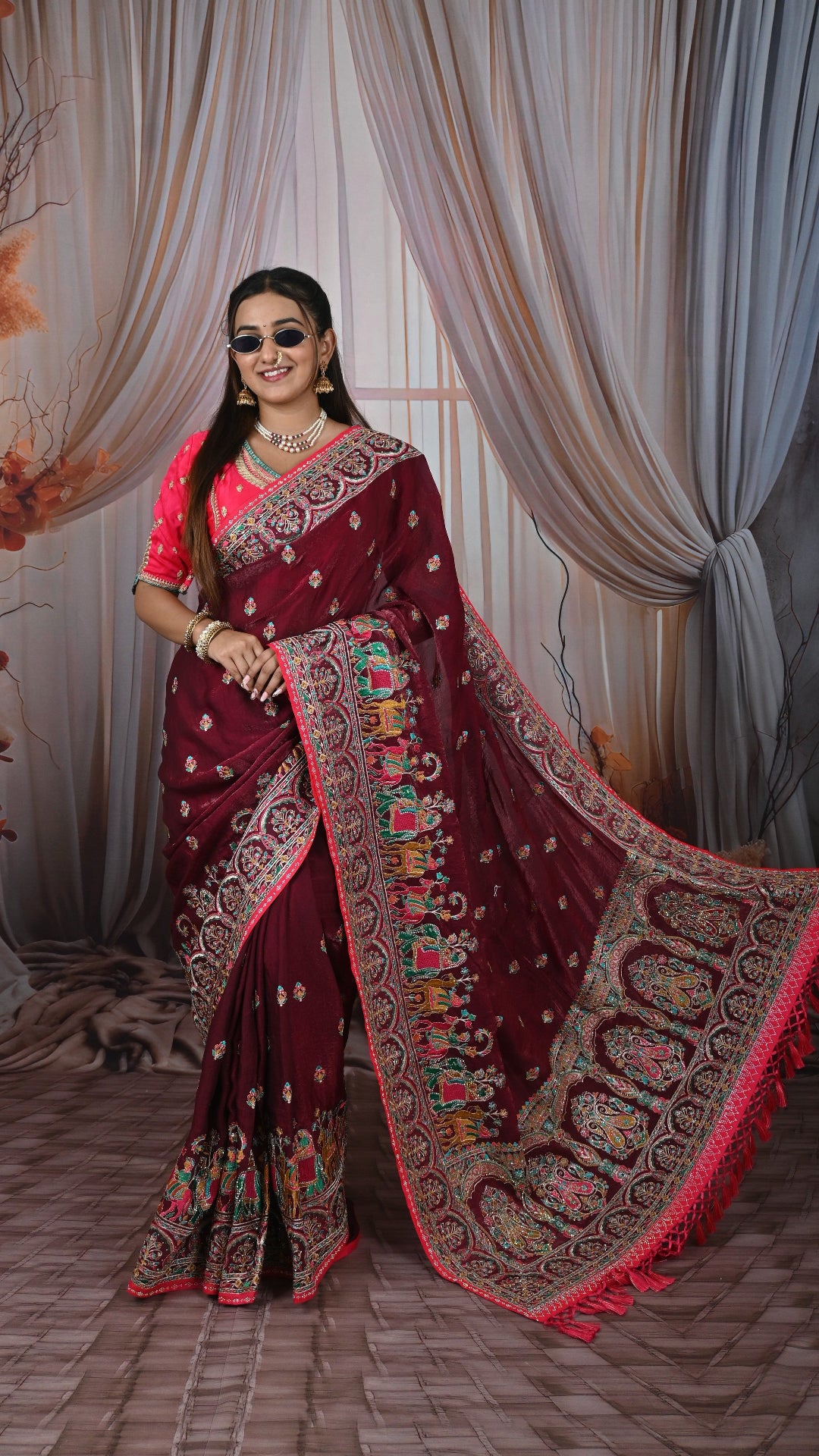 Rajwadi Soft Organza Silk Saree with Heavy Embroidery Border & Tassel Pallu for Women