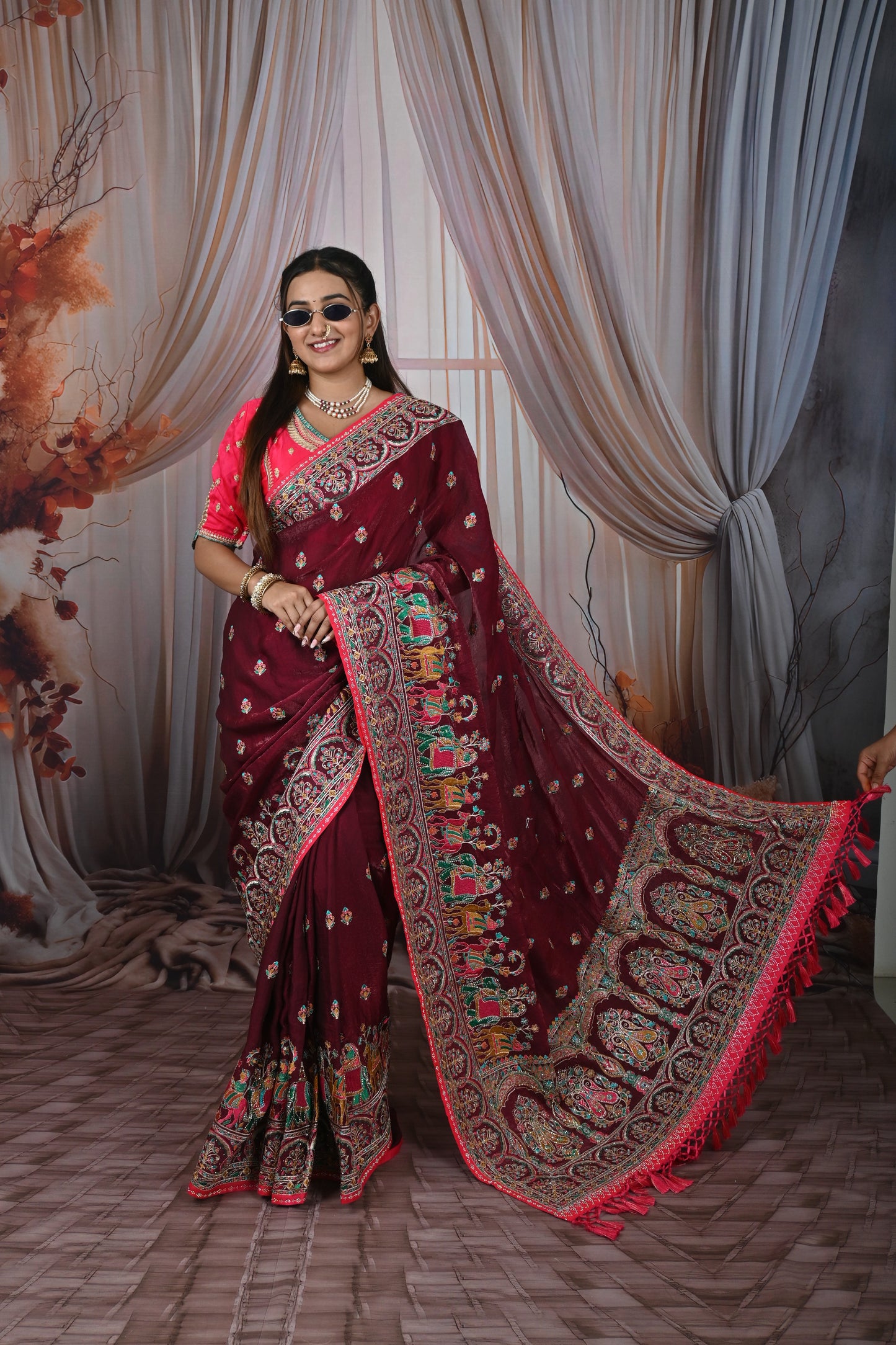 Rajwadi Soft Organza Silk Saree with Heavy Embroidery Border & Tassel Pallu for Women