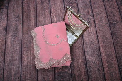 Designer Shimmer Chiffon Saree with Gotta Patti Work & Cut Work Border | Party Wear Saree with Regular Blouse