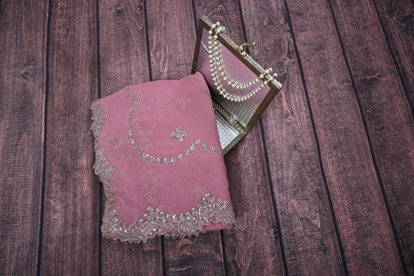 Designer Shimmer Chiffon Saree with Gotta Patti Work & Cut Work Border | Party Wear Saree with Regular Blouse