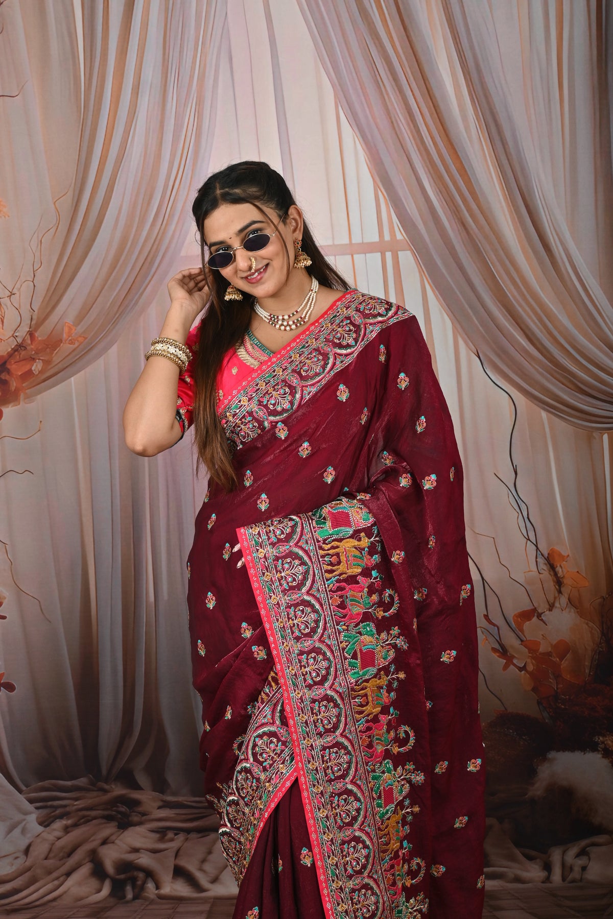 Rajwadi Soft Organza Silk Saree with Heavy Embroidery Border & Tassel Pallu for Women