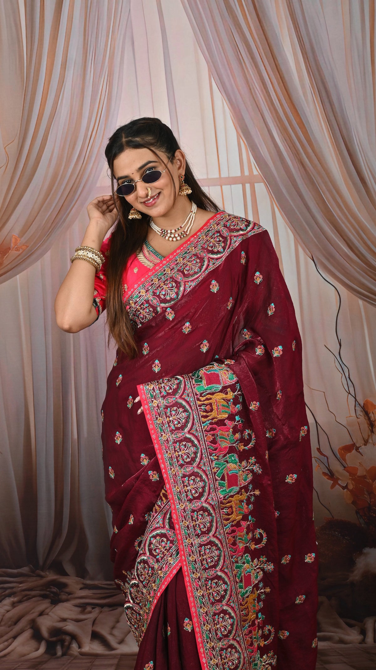 Rajwadi Soft Organza Silk Saree with Heavy Embroidery Border & Tassel Pallu for Women