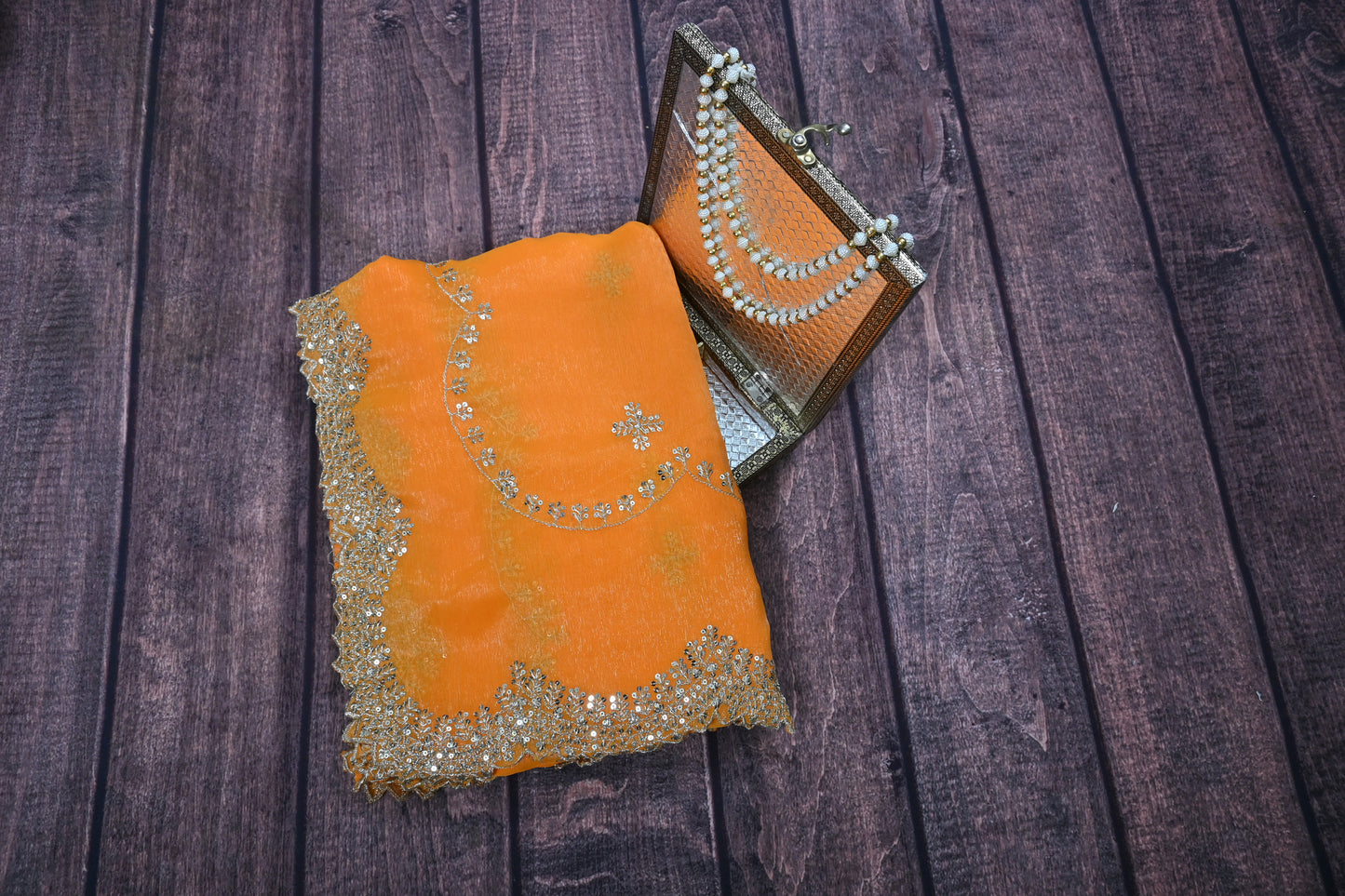 Designer Shimmer Chiffon Saree with Gotta Patti Work & Cut Work Border | Party Wear Saree with Regular Blouse