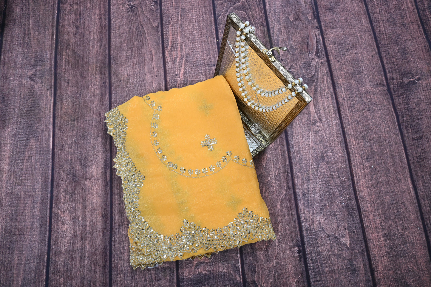 Designer Shimmer Chiffon Saree with Gotta Patti Work & Cut Work Border | Party Wear Saree with Regular Blouse