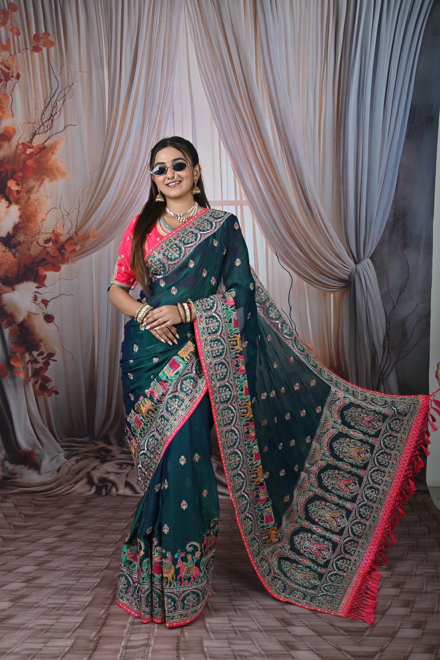 Rajwadi Soft Organza Silk Saree with Heavy Embroidery Border & Tassel Pallu for Women