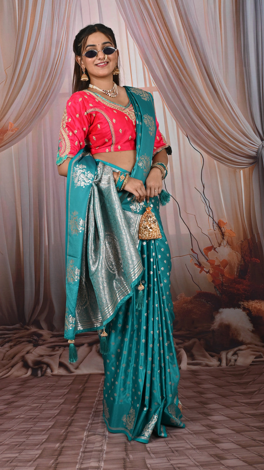 Double Blouse Satin Silk Saree With Stone & Silver Zari Rich Pallu