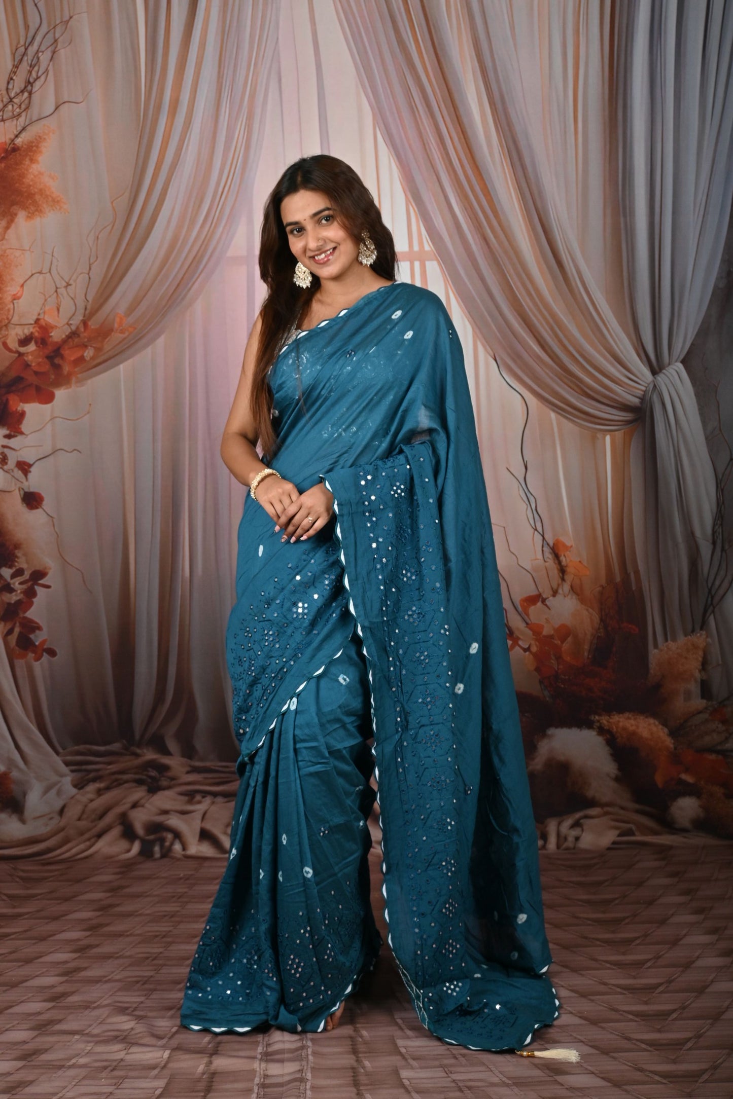 Designer Blend Cotton Mirror Work Saree With Bandhani Pattern, Contrast Blouse & Cut Work Border | Krishna Textile Market