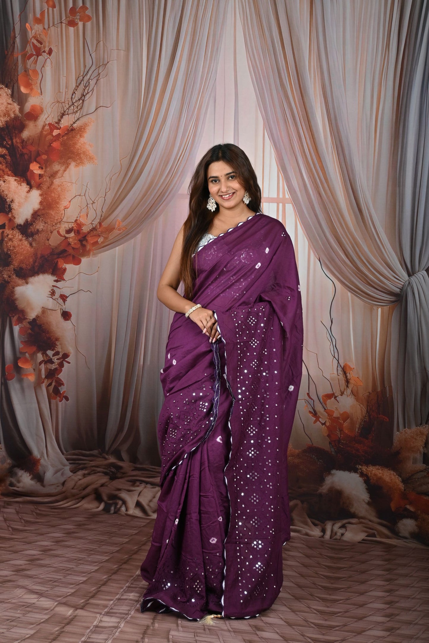 Designer Blend Cotton Mirror Work Saree With Bandhani Pattern, Contrast Blouse & Cut Work Border | Krishna Textile Market
