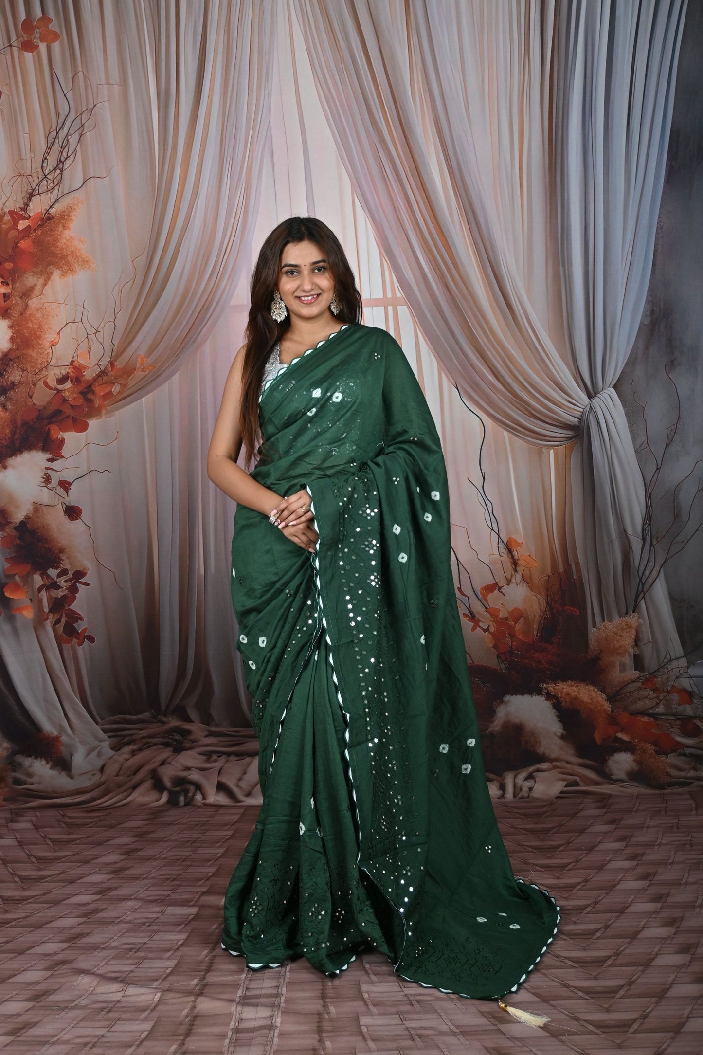 Designer Blend Cotton Mirror Work Saree With Bandhani Pattern, Contrast Blouse & Cut Work Border | Krishna Textile Market