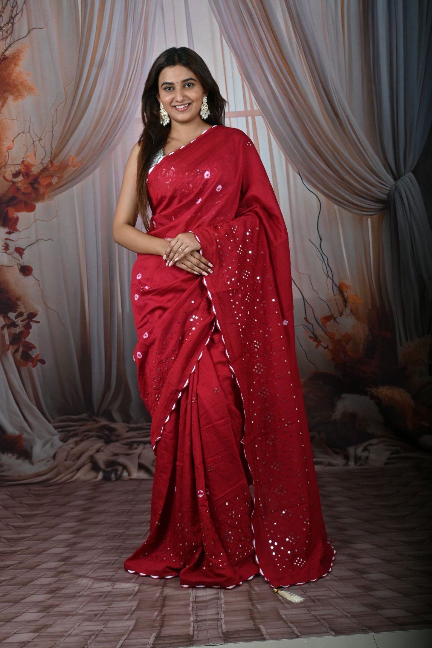 Designer Blend Cotton Mirror Work Saree With Bandhani Pattern, Contrast Blouse & Cut Work Border | Krishna Textile Market