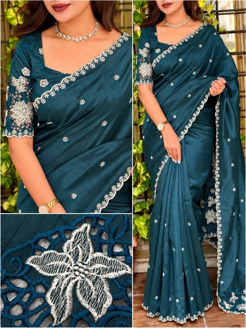 Designer Soundarya Tusser Cotton Embroidered Cutwork Saree For Women