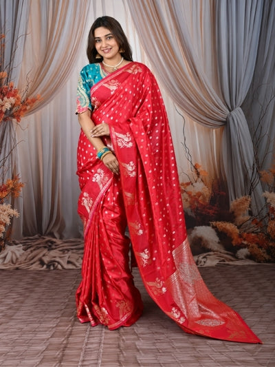 Double Blouse Premium Satin Silk Saree With Silver Zari & Sequins Woven Butti Work