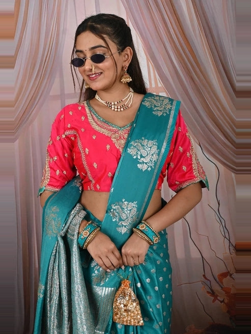 Double Blouse Satin Silk Saree With Stone & Silver Zari Rich Pallu