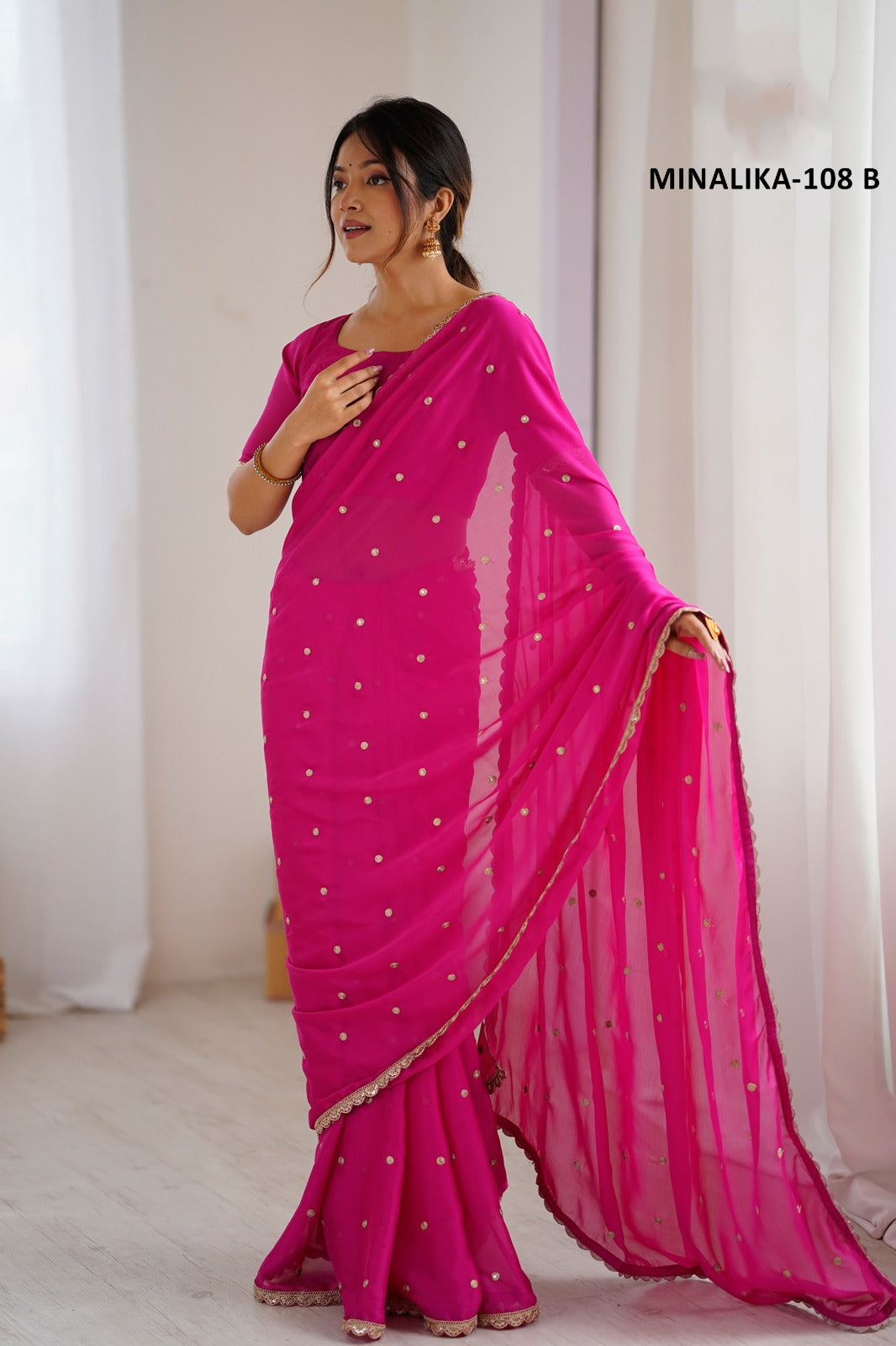 Hot Pink Soft Silk Georgette Saree with Golden Butti Work and Lace Border by Krishna Textile Marke
