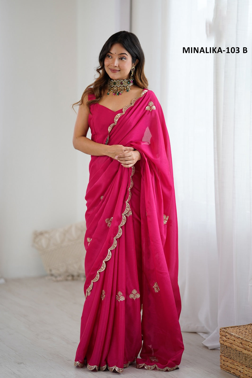 MINALIKA 103 B rani pink soft silk georgette saree with gotta patti border floral work lightweight party wear saree