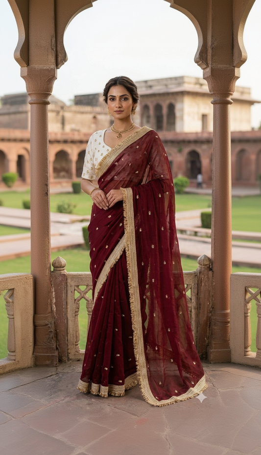 Woman in a traditional maroon saree with gold border standing in an outdoor setting.