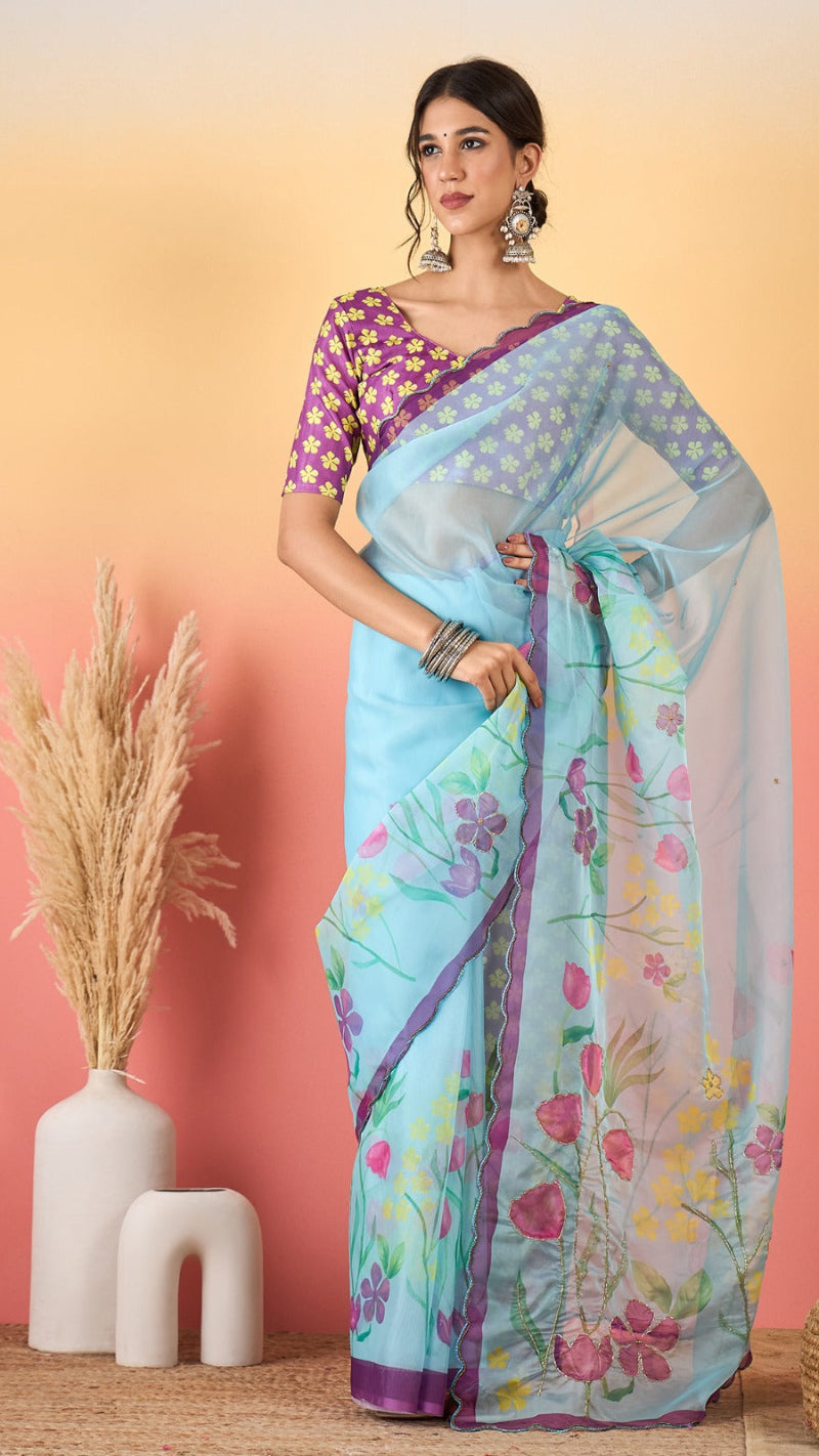 Premium Soft Organza Floral Digital Print Saree With Scallop Border & Cutdana Handwork