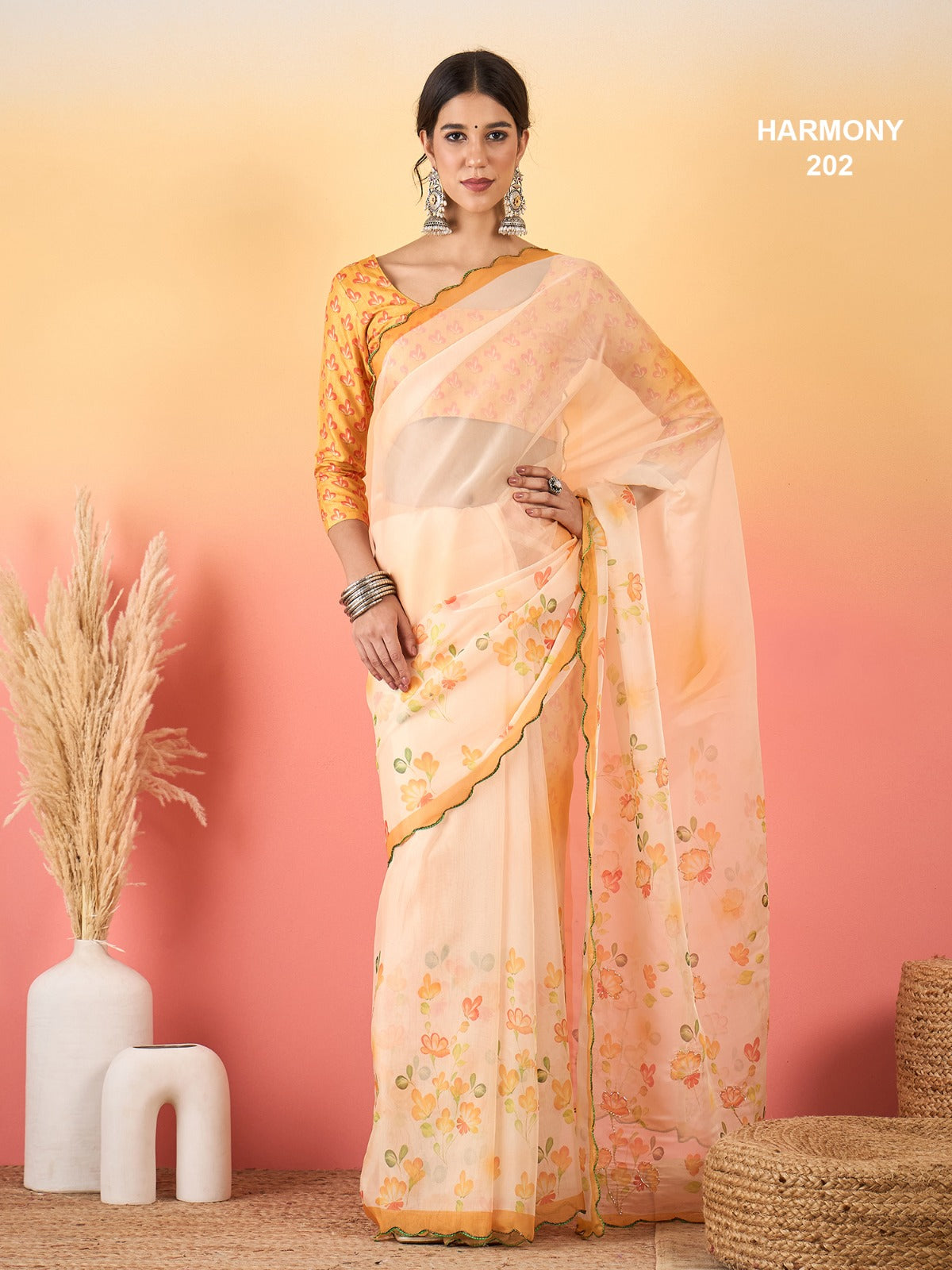 Premium Soft Organza Floral Digital Print Saree With Scallop Border & Cutdana Handwork