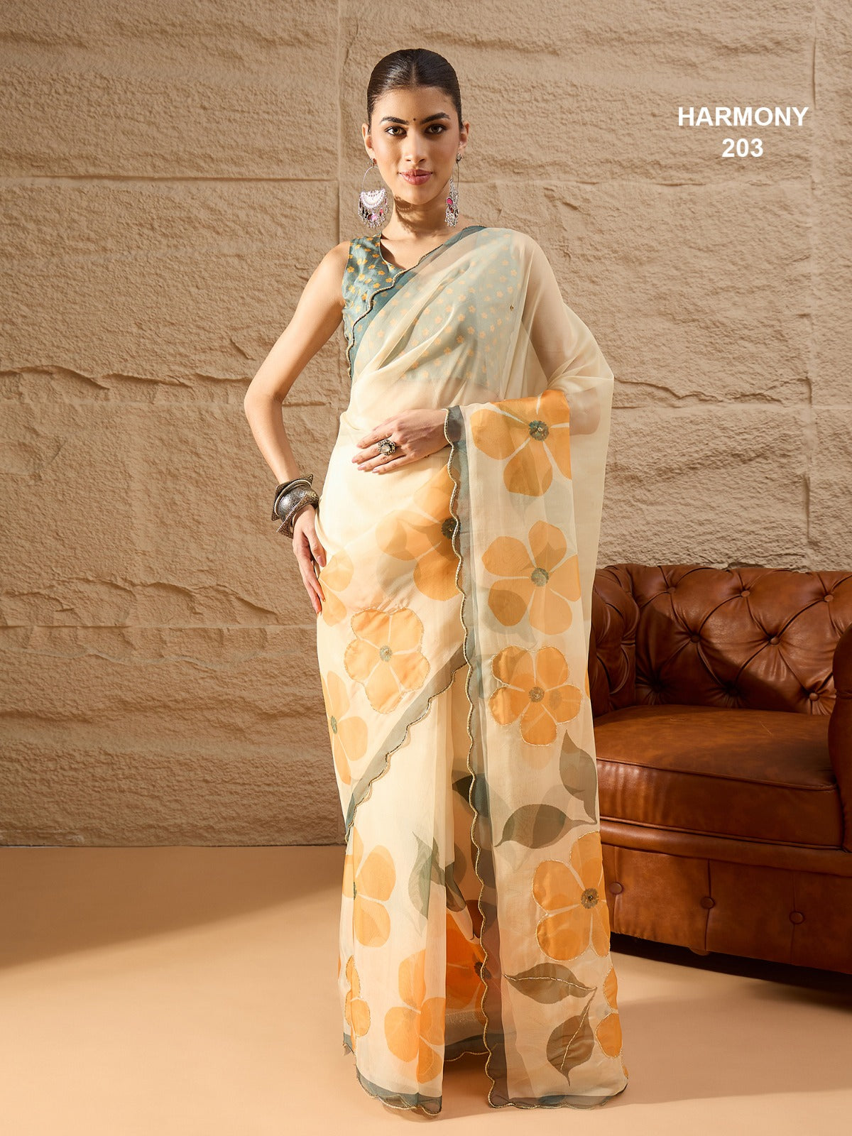 Premium Soft Organza Floral Digital Print Saree With Scallop Border & Cutdana Handwork