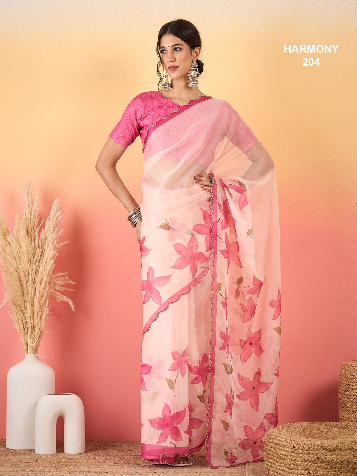 Premium Soft Organza Floral Digital Print Saree With Scallop Border & Cutdana Handwork