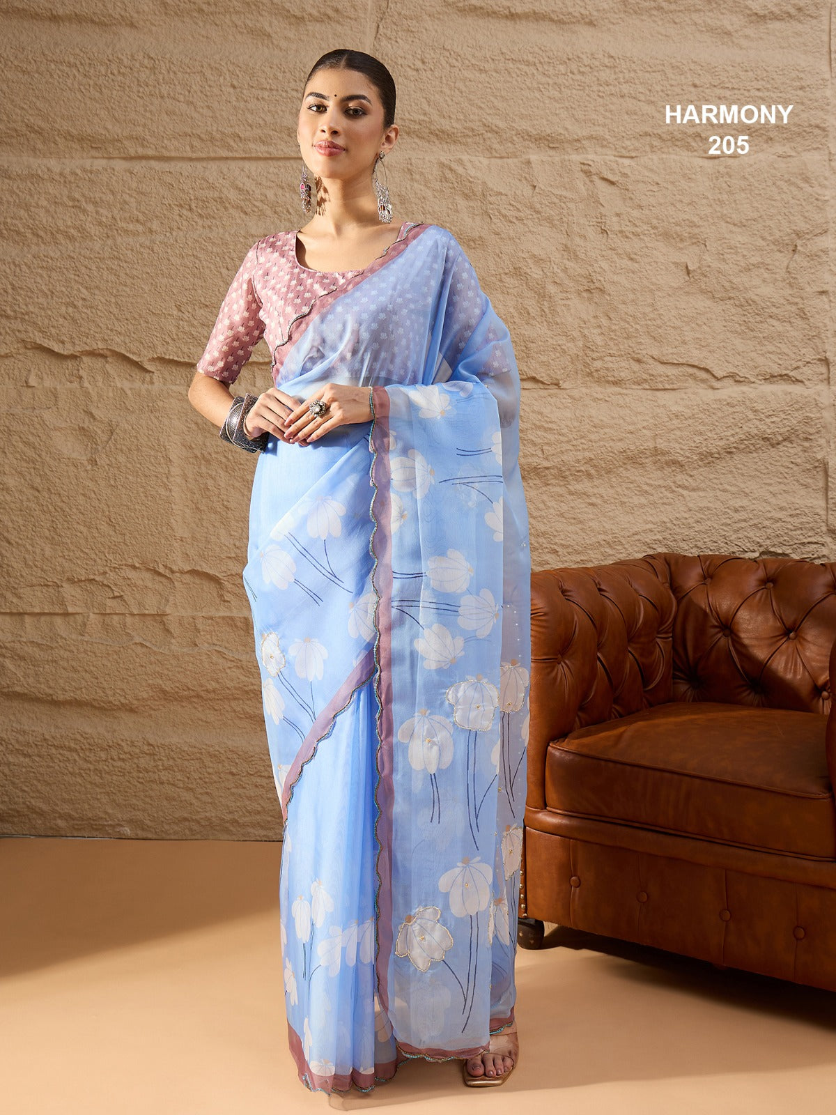 Premium Soft Organza Floral Digital Print Saree With Scallop Border & Cutdana Handwork