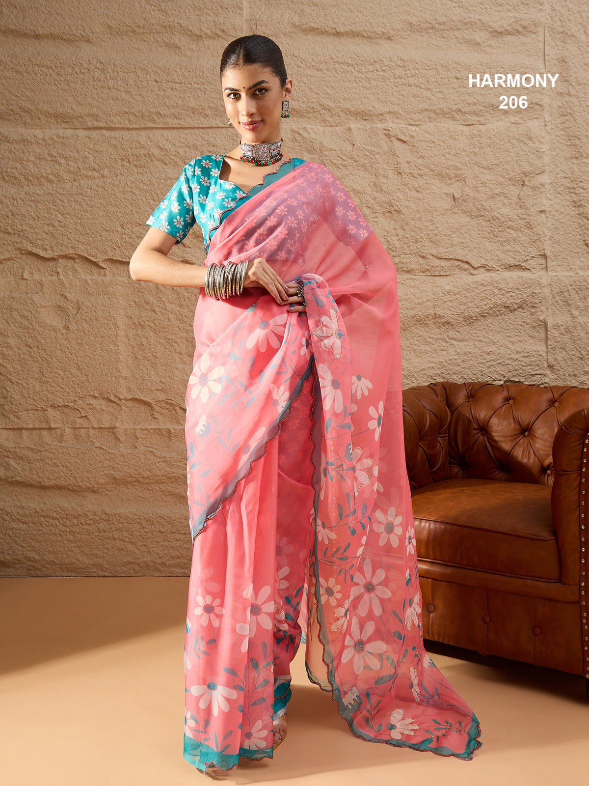 Premium Soft Organza Floral Digital Print Saree With Scallop Border & Cutdana Handwork