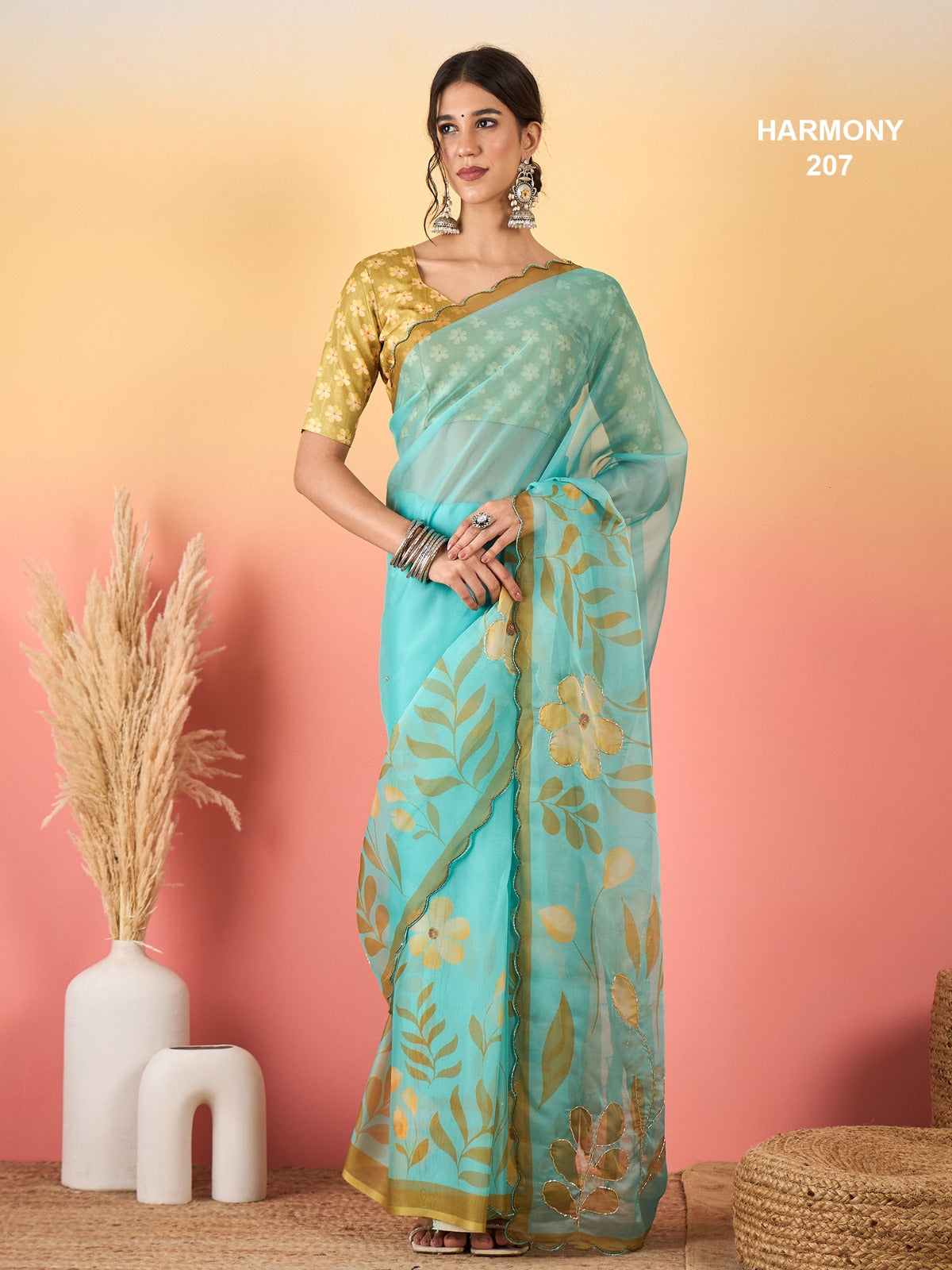 Premium Soft Organza Floral Digital Print Saree With Scallop Border & Cutdana Handwork