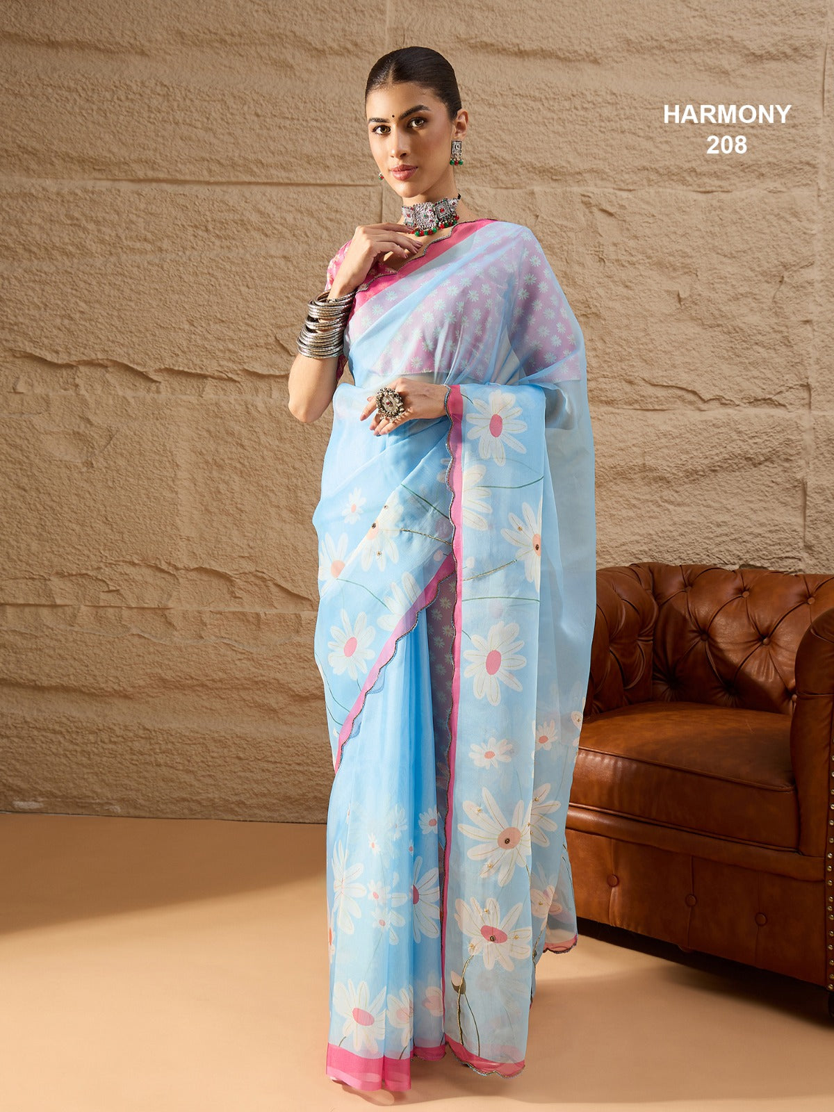 Premium Soft Organza Floral Digital Print Saree With Scallop Border & Cutdana Handwork