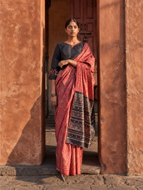 Handloom Ikat Cotton Silk Saree with Designer Woven Pallu