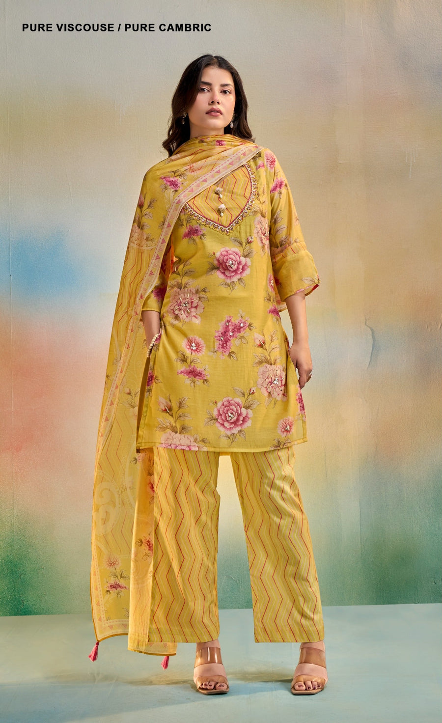 Premium Pure Viscose Pure Cambric 3 Piece Suit Set with Handwork Neck Design
