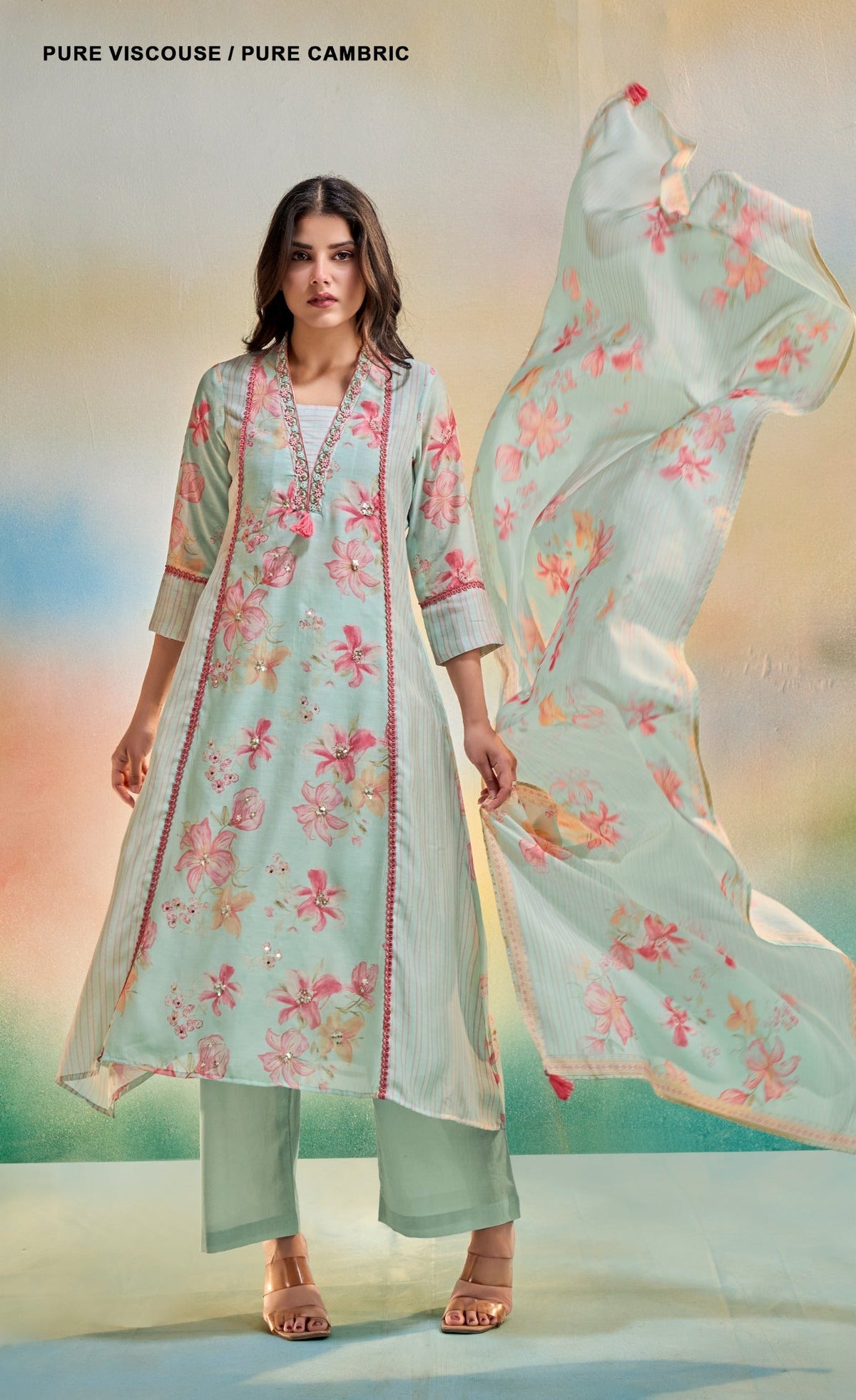 3 Piece Suit Set with Handwork Neck Design | KRISHNA TEXTILES MARKET