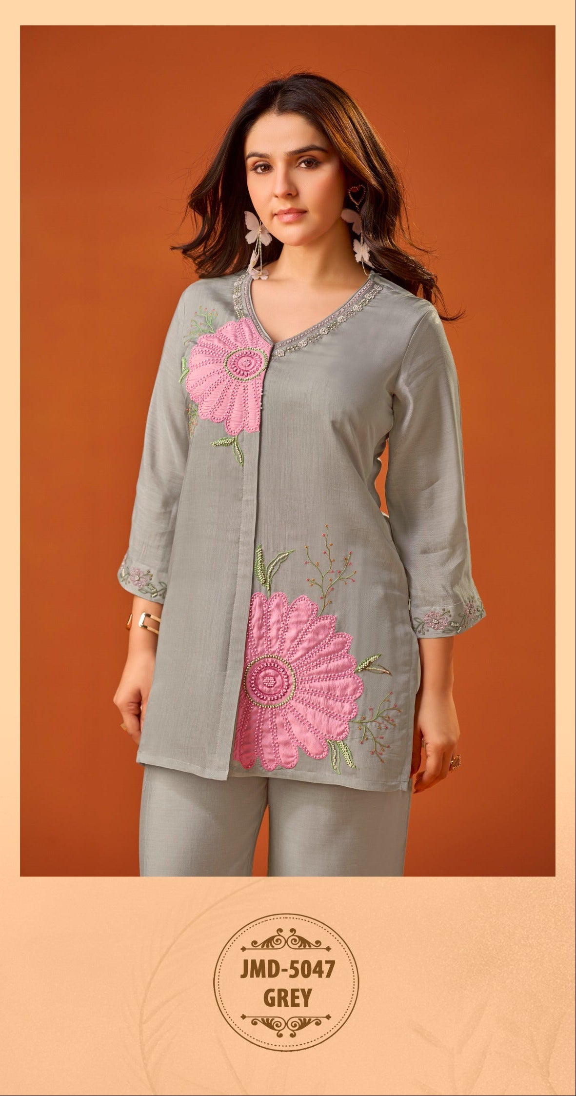 Premium Grey Mul Chanderi Co-Ord Set With Floral Embroidery Work | Elegant Designer Ethnic Outfit