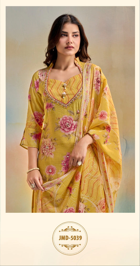 Premium Pure Viscose Pure Cambric 3 Piece Suit Set with Handwork Neck Design