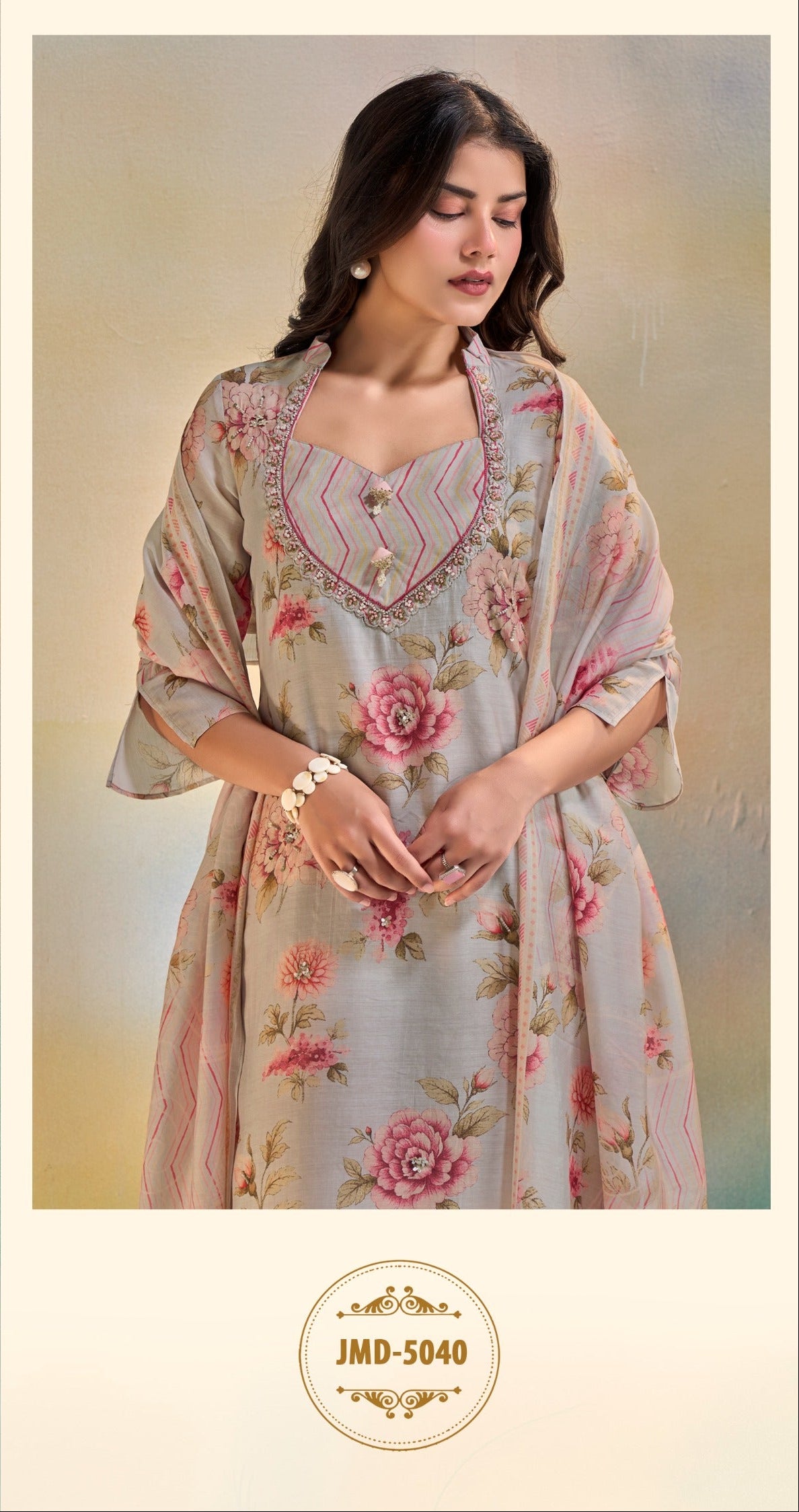 Woman wearing a floral dress with a soft background