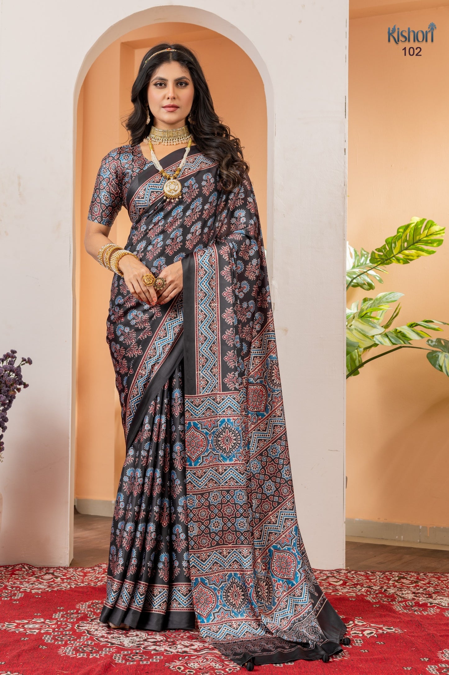 Premium Black Ivory Ajrakh Print Satin Silk Office Wear Saree With Printed Blouse