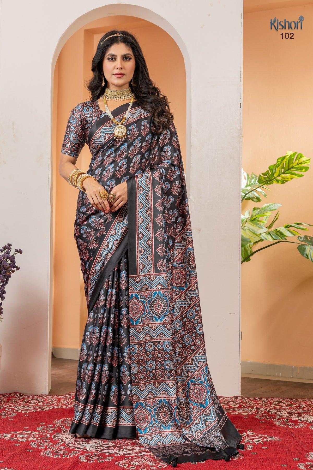 Premium Black Ivory Ajrakh Print Satin Silk Office Wear Saree With Printed Blouse