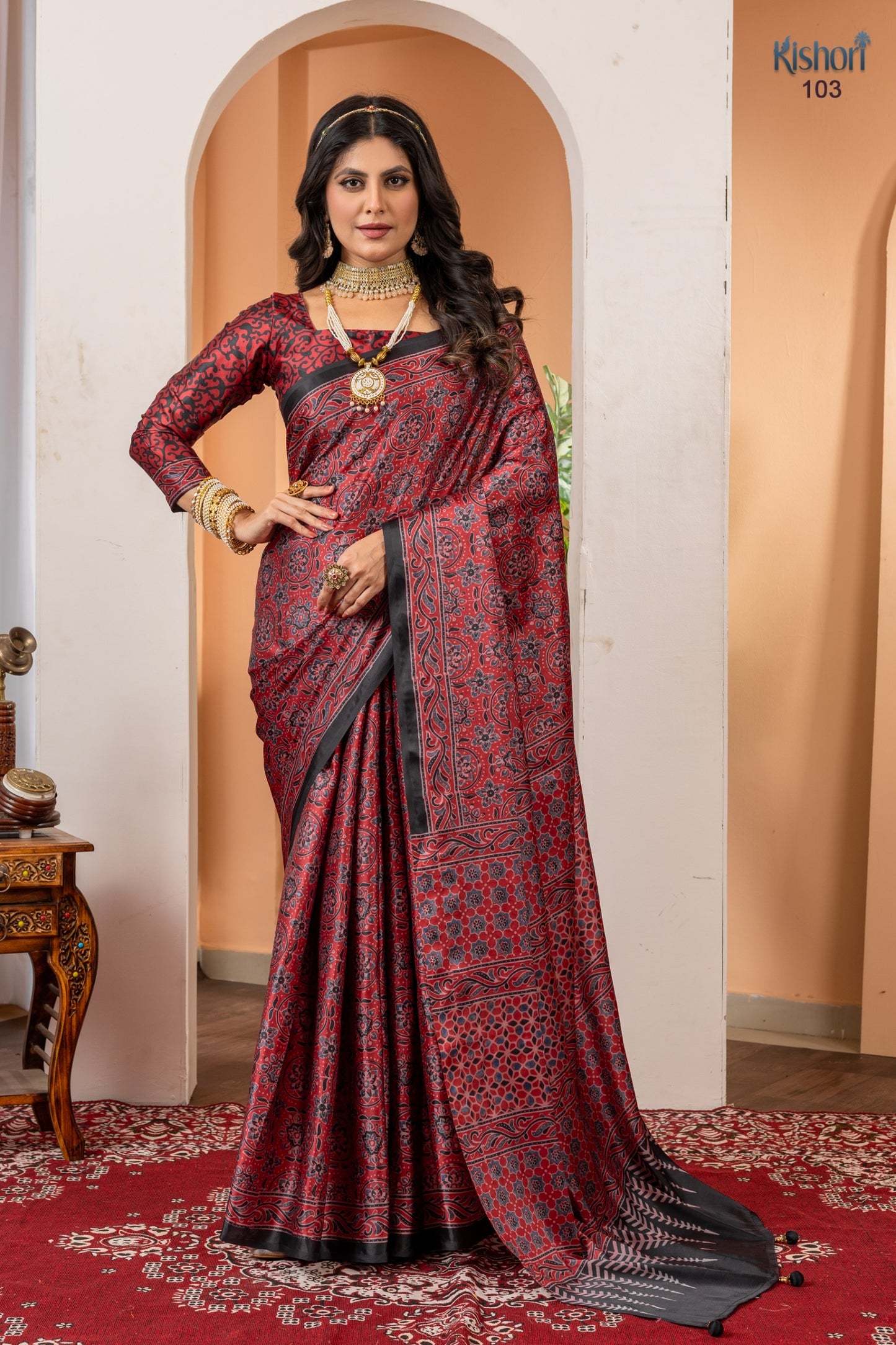 Premium Black Ivory Ajrakh Print Satin Silk Office Wear Saree With Printed Blouse