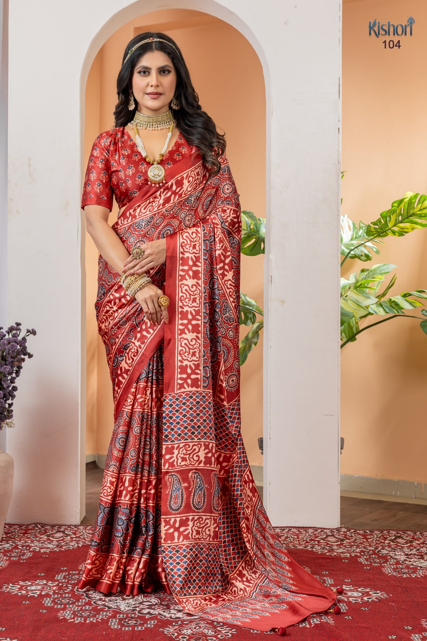 Premium Black Ivory Ajrakh Print Satin Silk Office Wear Saree With Printed Blouse