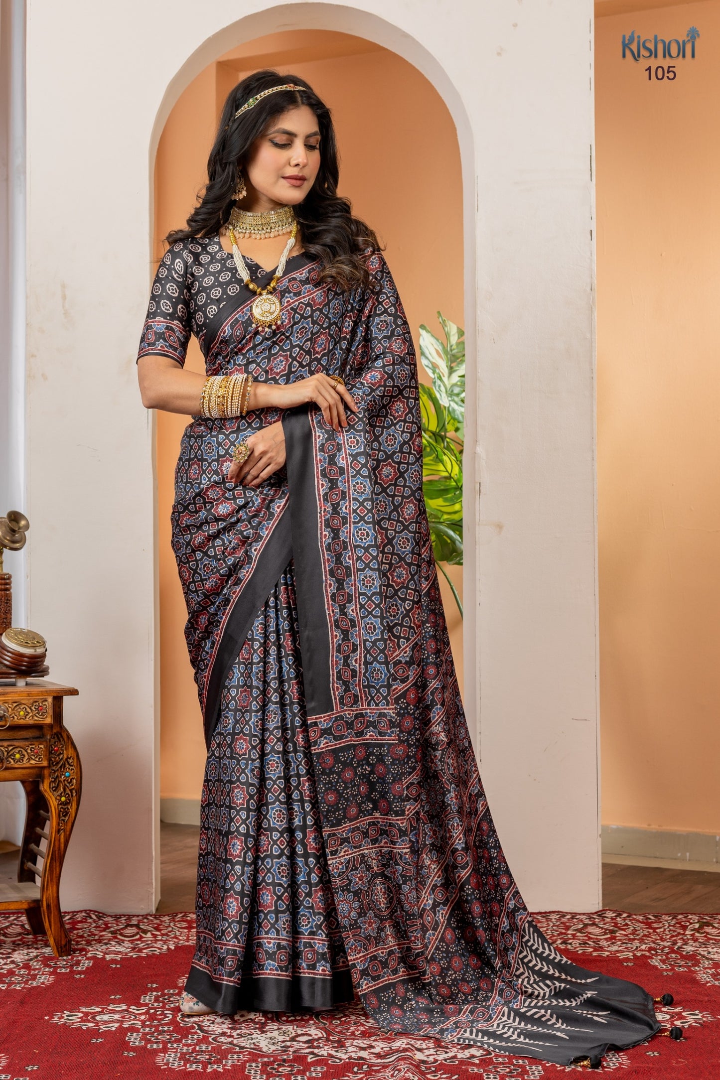 Premium Black Ivory Ajrakh Print Satin Silk Office Wear Saree With Printed Blouse