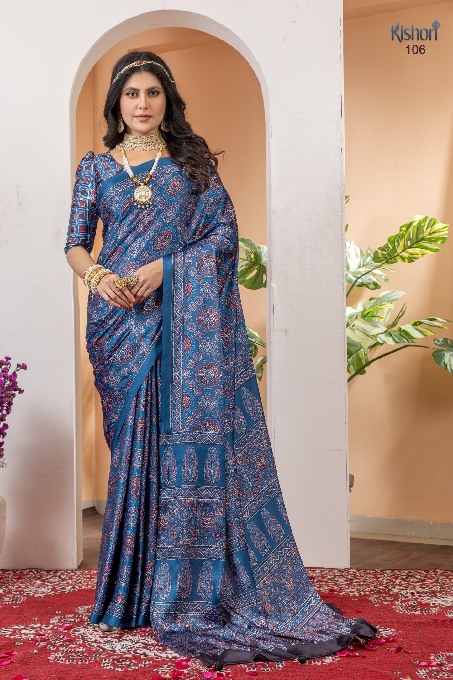 Premium Black Ivory Ajrakh Print Satin Silk Office Wear Saree With Printed Blouse