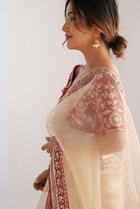 Festive Organza Saree With Rich Zari Embroidered Border & Designer Blouse | KTM