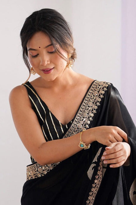 Chiffon Silk Saree With Foil Palm Tree Motif & Antique Zari Border